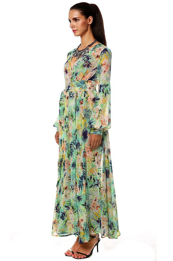 F2440-2 Women Summer Tropical Flower Printed Chiffon Long Sleeve Beach Dress